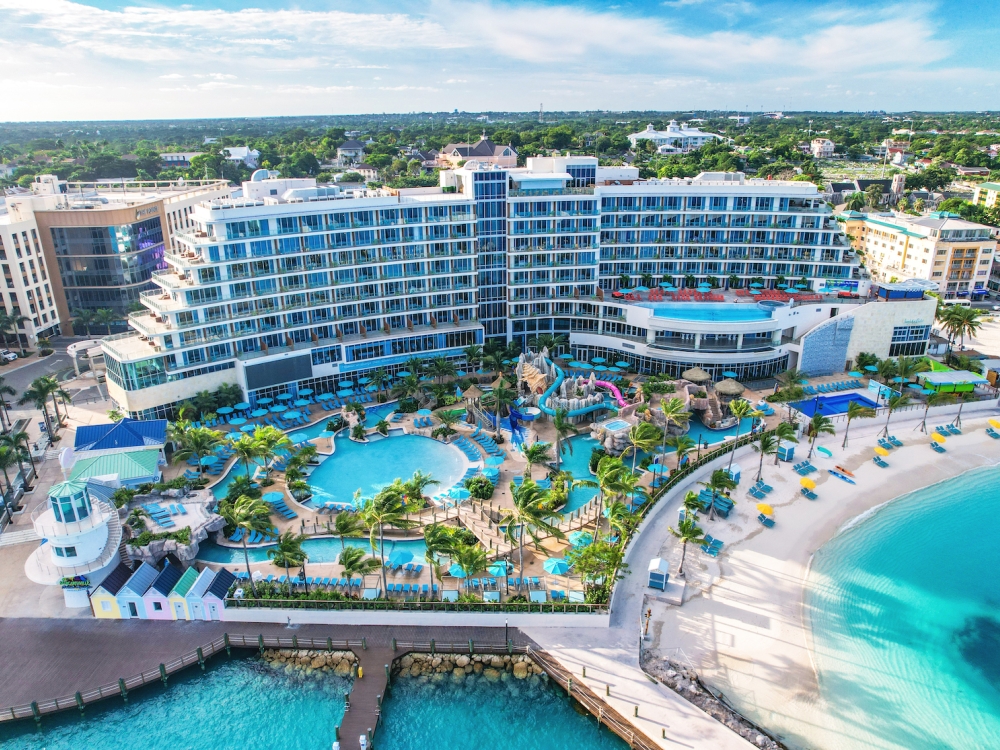 An aerial view of a dockside hotel and waterpark