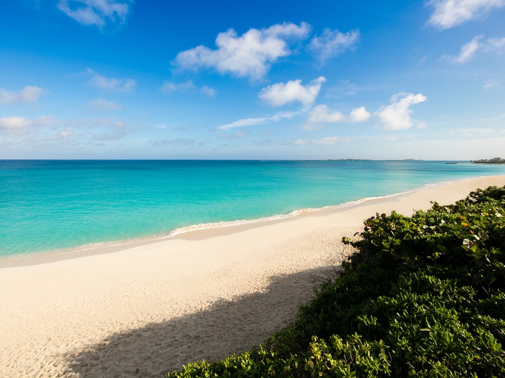 A pristine beach and tropical waters on a sunny day.