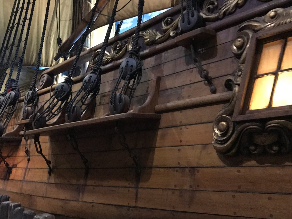 Close up of a pirate ship in a museum.