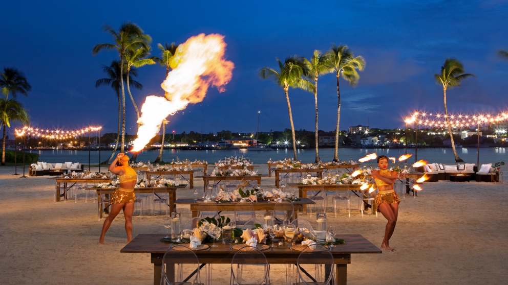 Fire breathing display at night